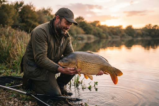 A high-quality editorial photograph of a large common carp being held gently at the water's edge during golden hour