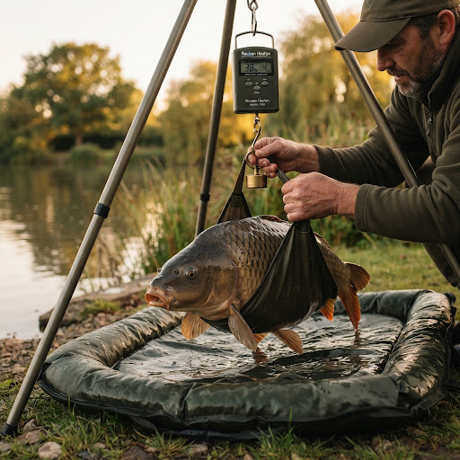Close-up of a trophy carp being weighed or measured on a soft mat
